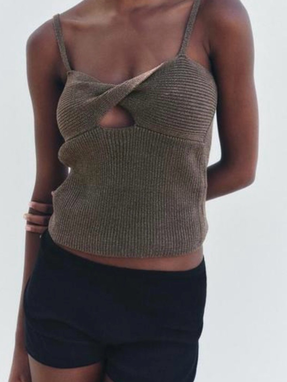 Zara New Linen Blend Knit Keyhole Crop Tank Top in Olive Brown Size M NWT